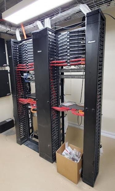 Modern server room with organized network servers and cables
