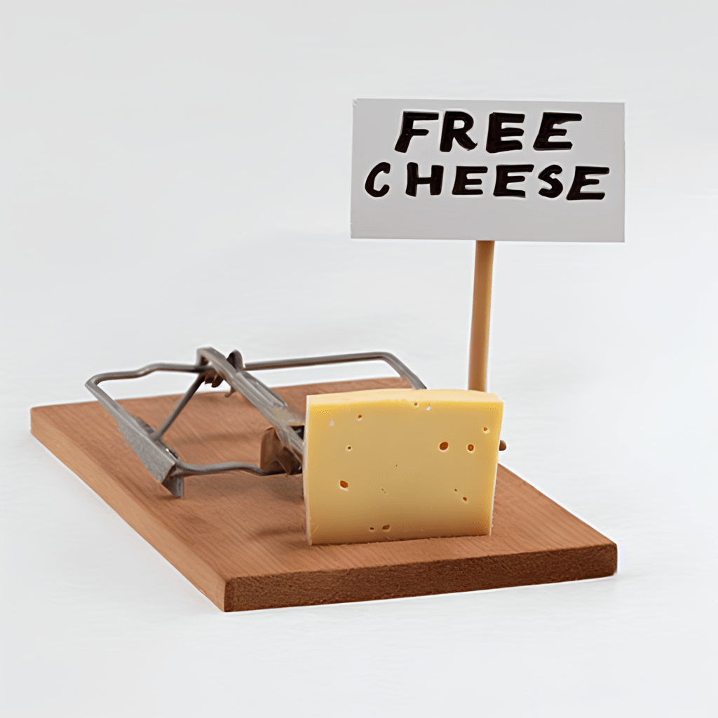 Illustration of free cheese in a mousetrap, symbolizing the risks of “free” alarm systems