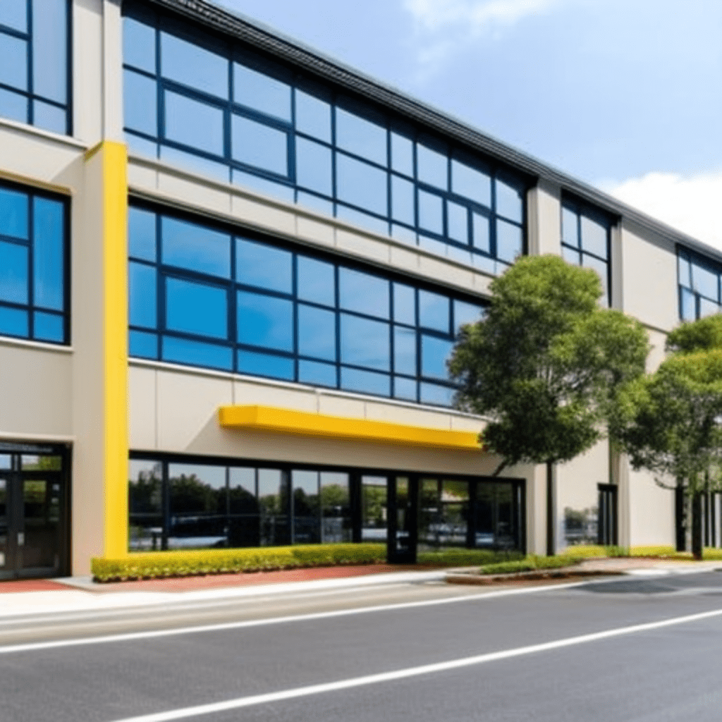Commercial property with security cameras and access control systems.