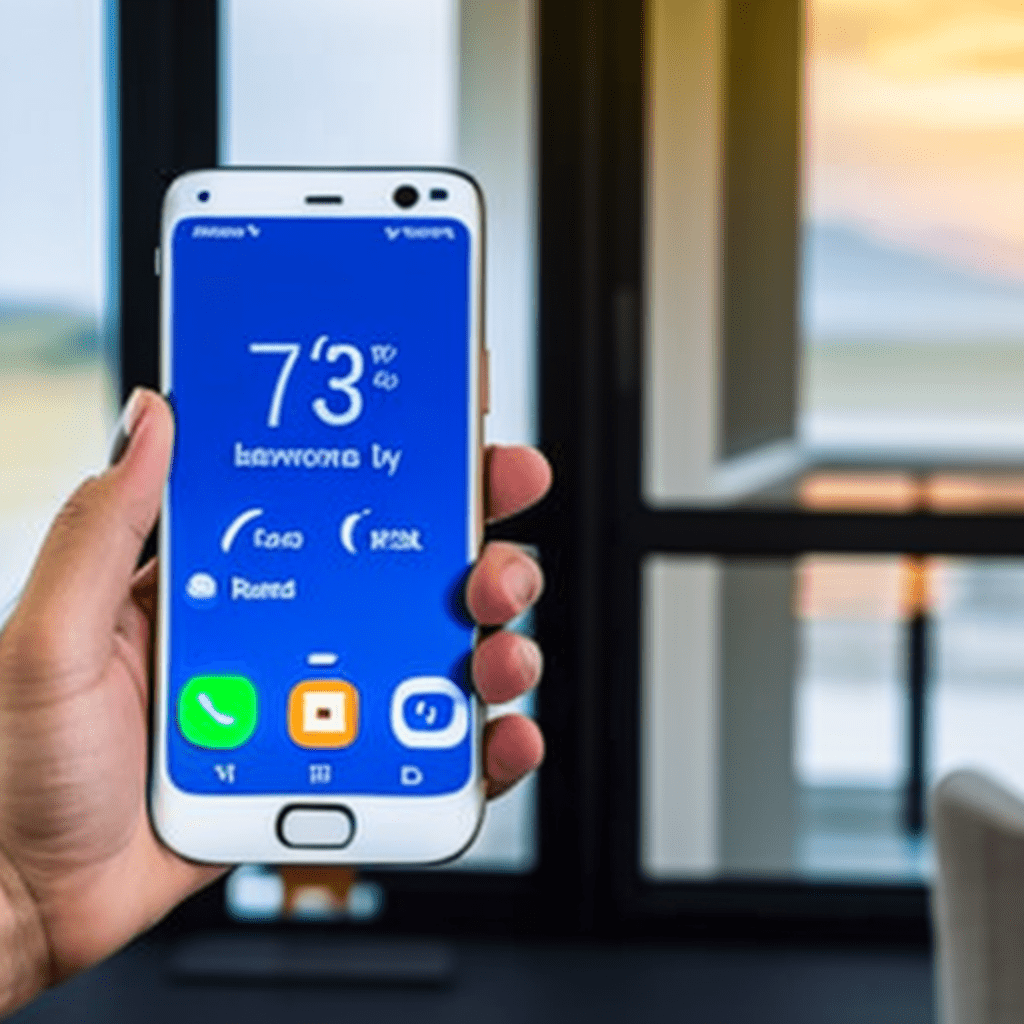 Hand holding a smartphone displaying a home automation and security control app.