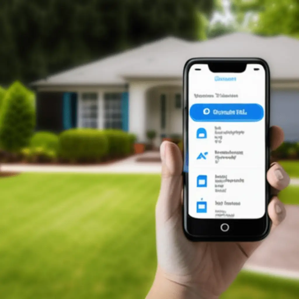 Homeowner using mobile app to remotely monitor and control home security system from smartphone