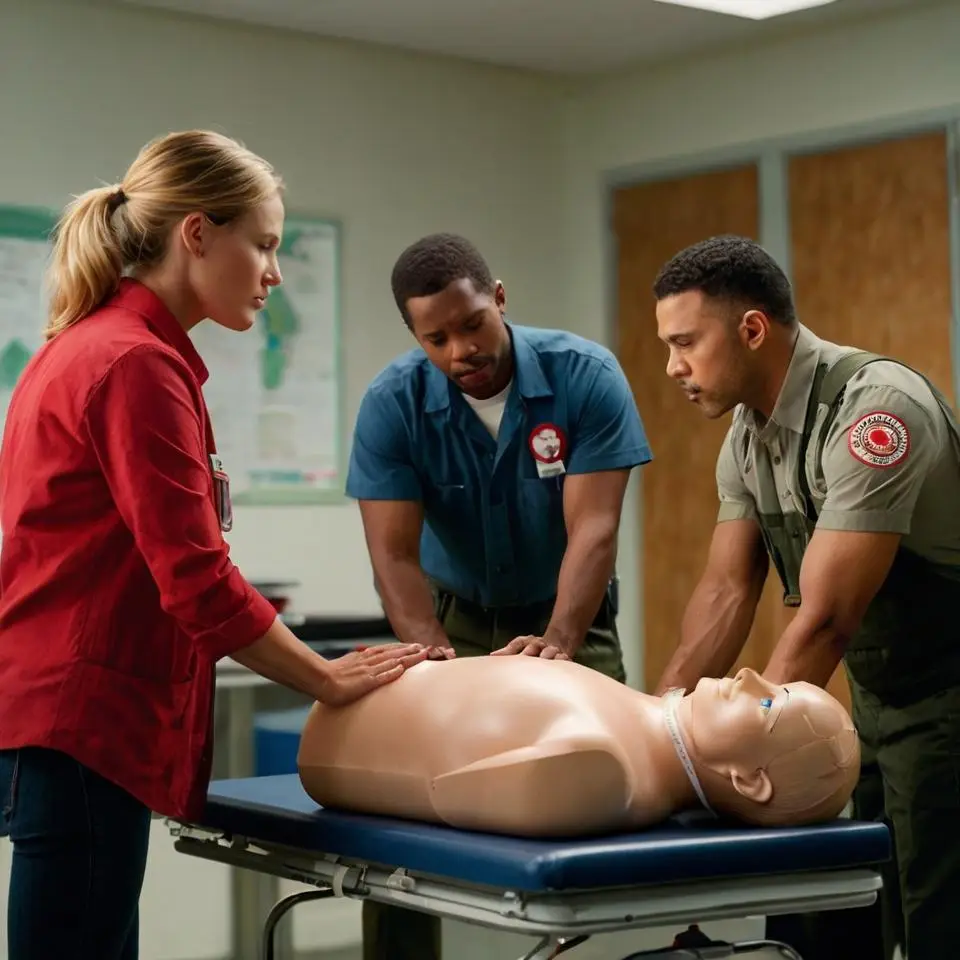 Instructor demonstrating CPR techniques on training mannequin during Emergency First Aid certification course