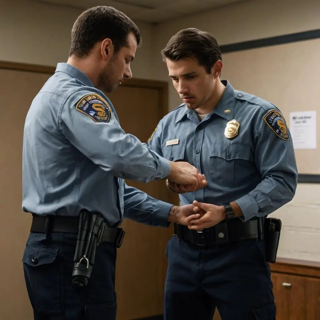 Security professional demonstrating cooperative handcuffing technique during training.