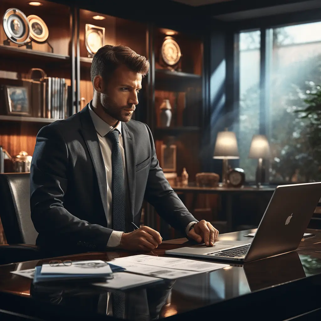 Professional sitting at desk using computer to complete Ontario Criminal Record and Judicial Matters Check (CRJMC) for security license application