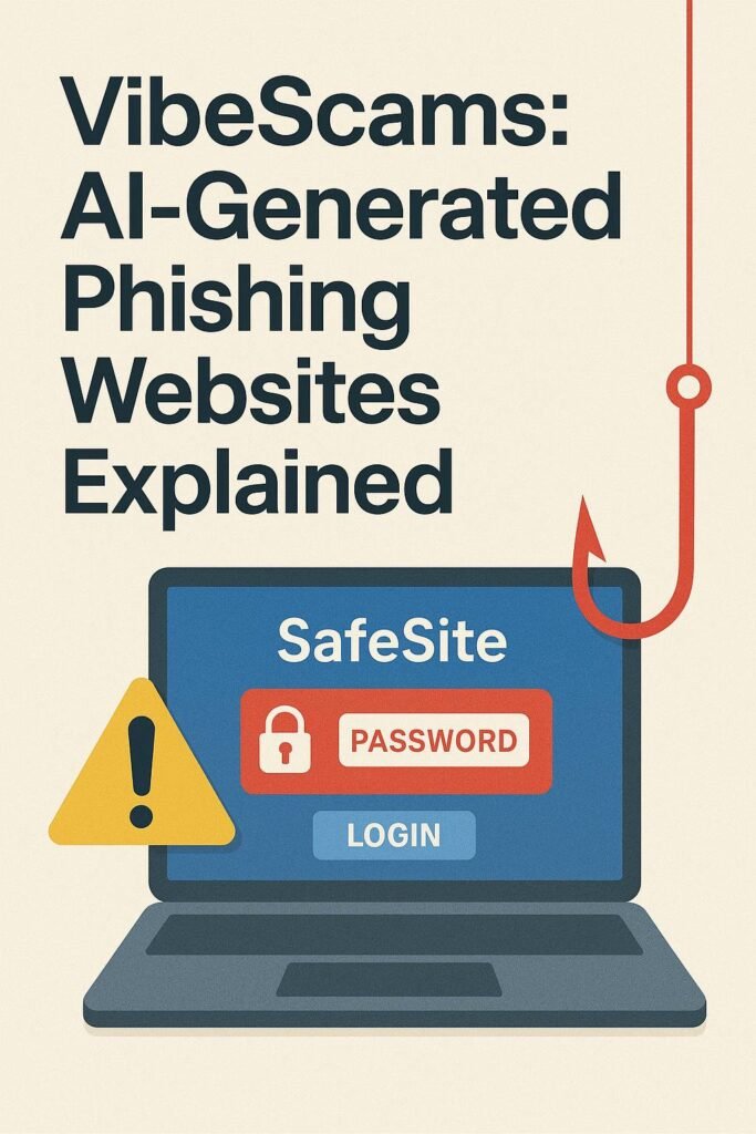 Illustration of an AI-generated phishing website on a laptop with a warning symbol and fishing hook, representing VibeScams and online fraud.
