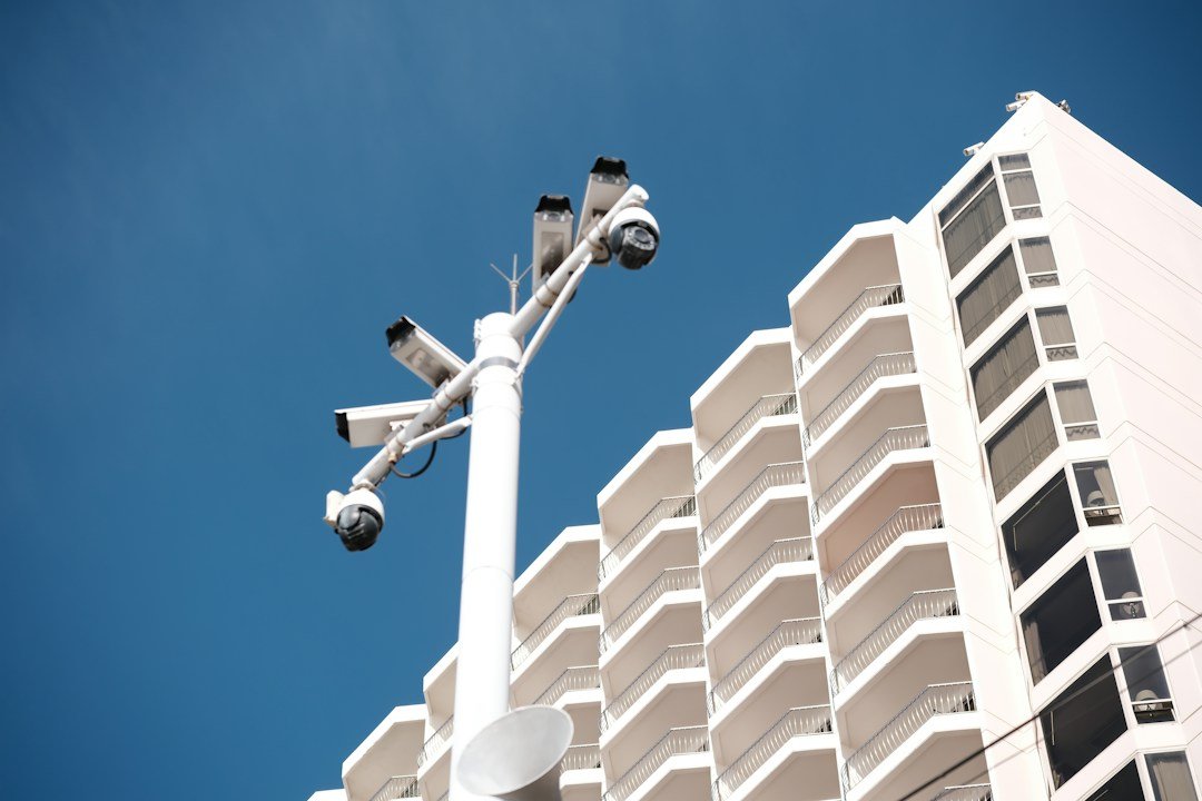Security cameras mounted on a building